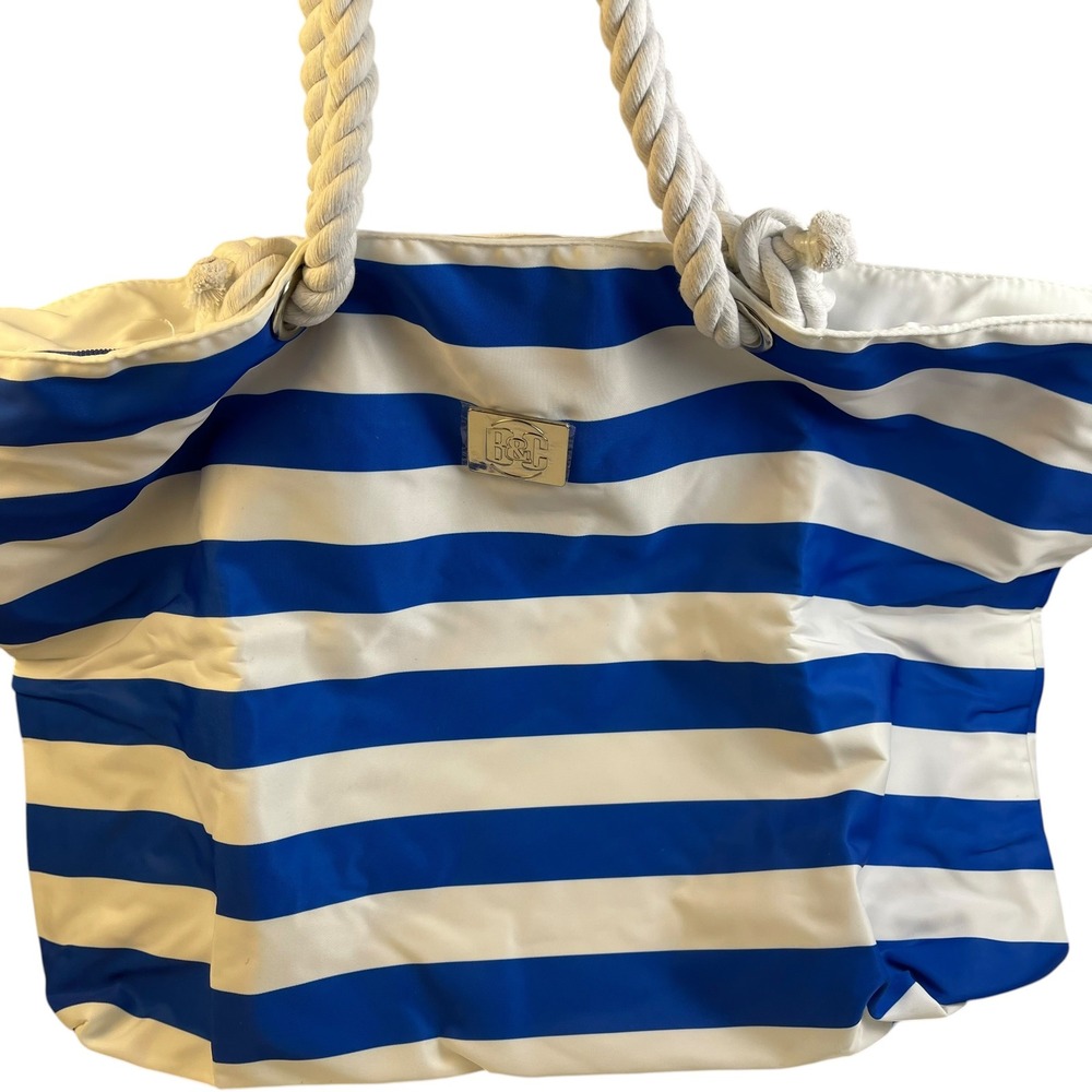 B&C Blue White Striped Nautical Beach Tote Bag Rope Handles Large NWT